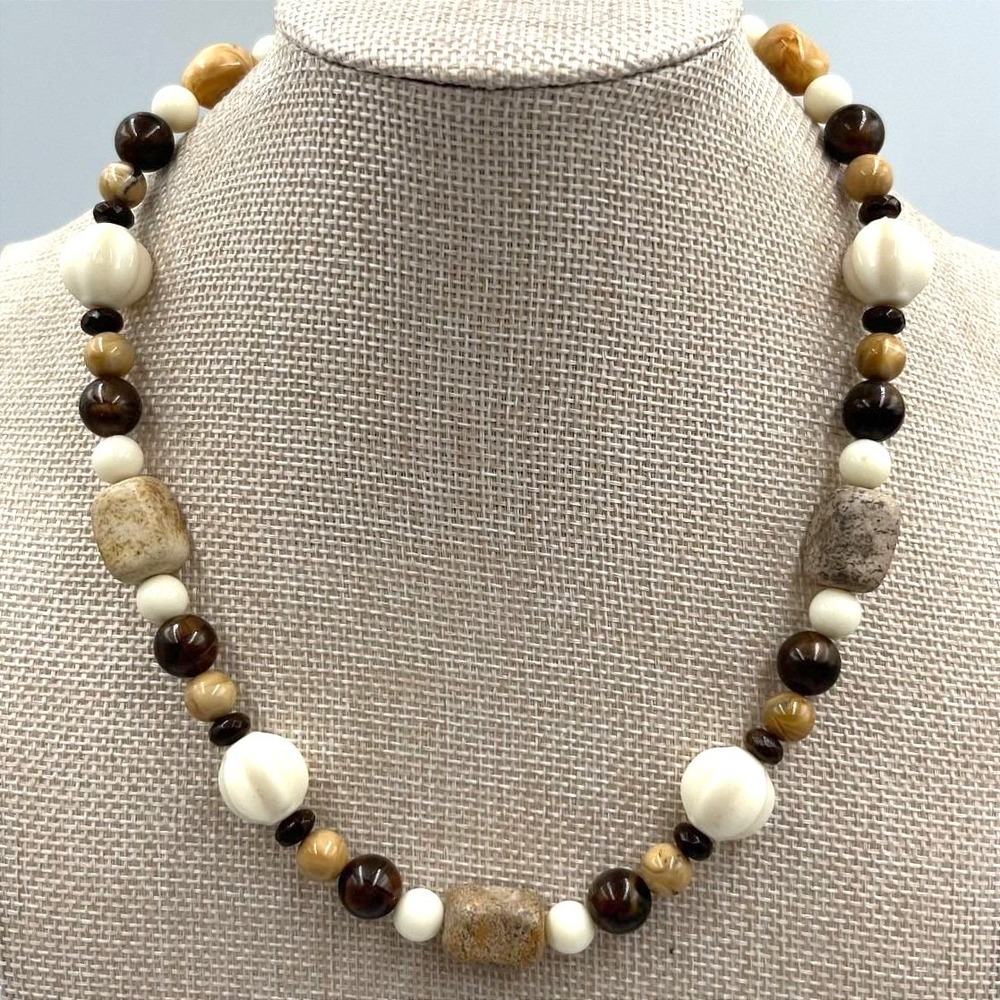 Vintage Chunky Beaded Statement Necklace Boho Earth Tone Stone Bone‎ Tribal Y2K